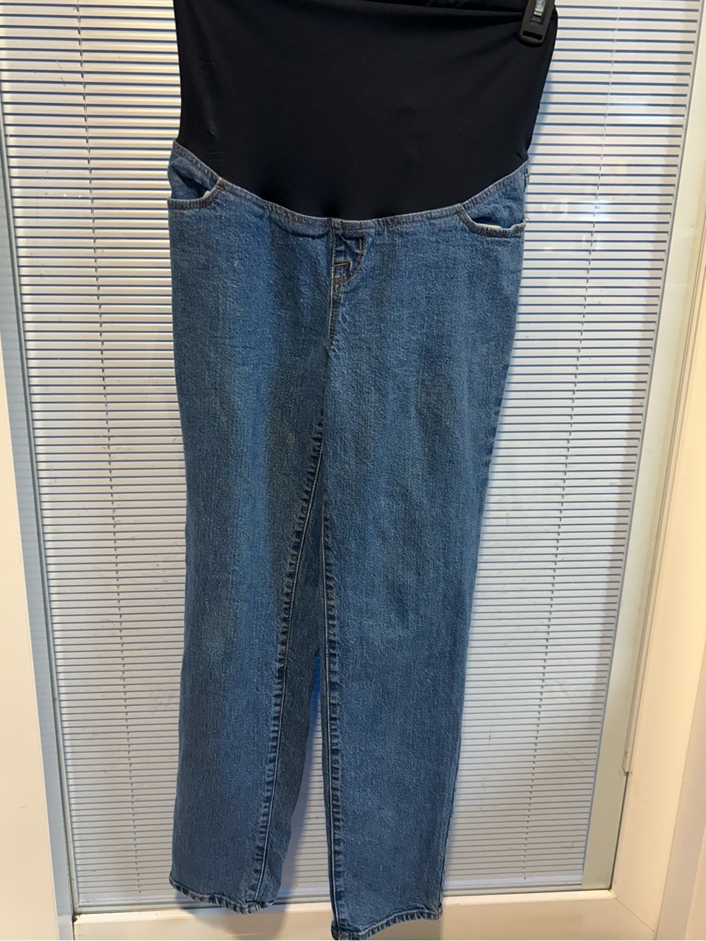 Blue Straight-Leg Maternity Jeans with Black Stretch Panel
